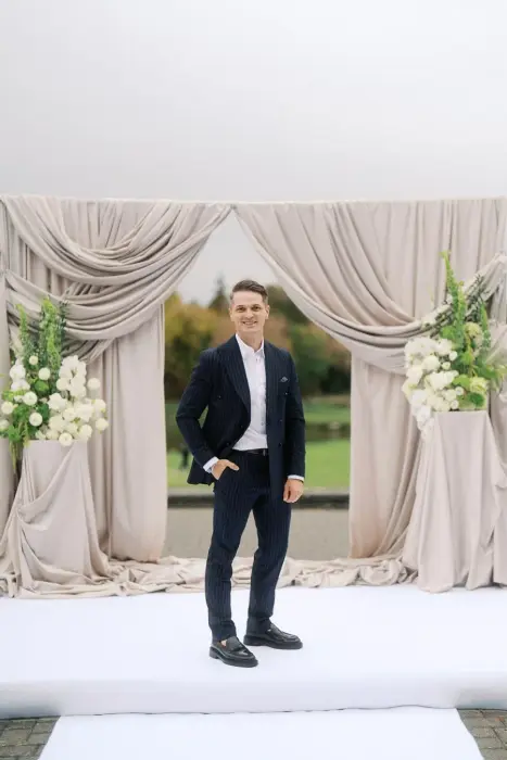 Vladyslav at the ceremony arch, Angus Glen Golf Club