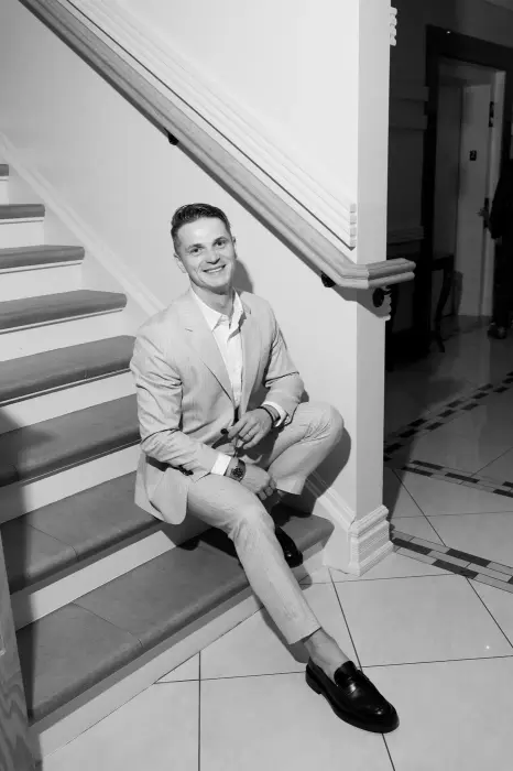 On the staircase, black and white