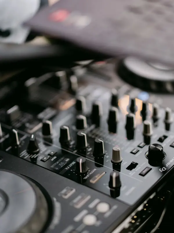 Close-up of the DJ mixer